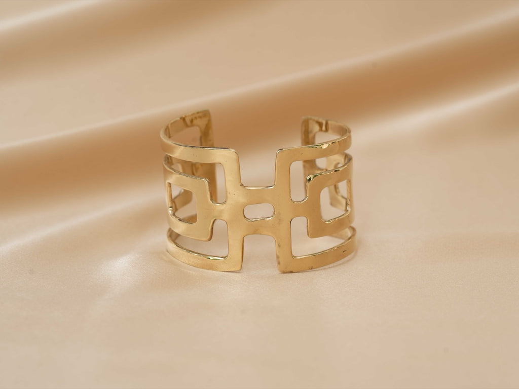 Gaia goddess geometric cuff handmade brass bracelet in gold — Land of Sundara