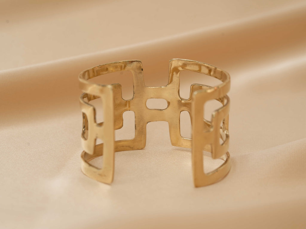Gaia goddess geometric cuff handmade brass bracelet in gold — Land of Sundara
