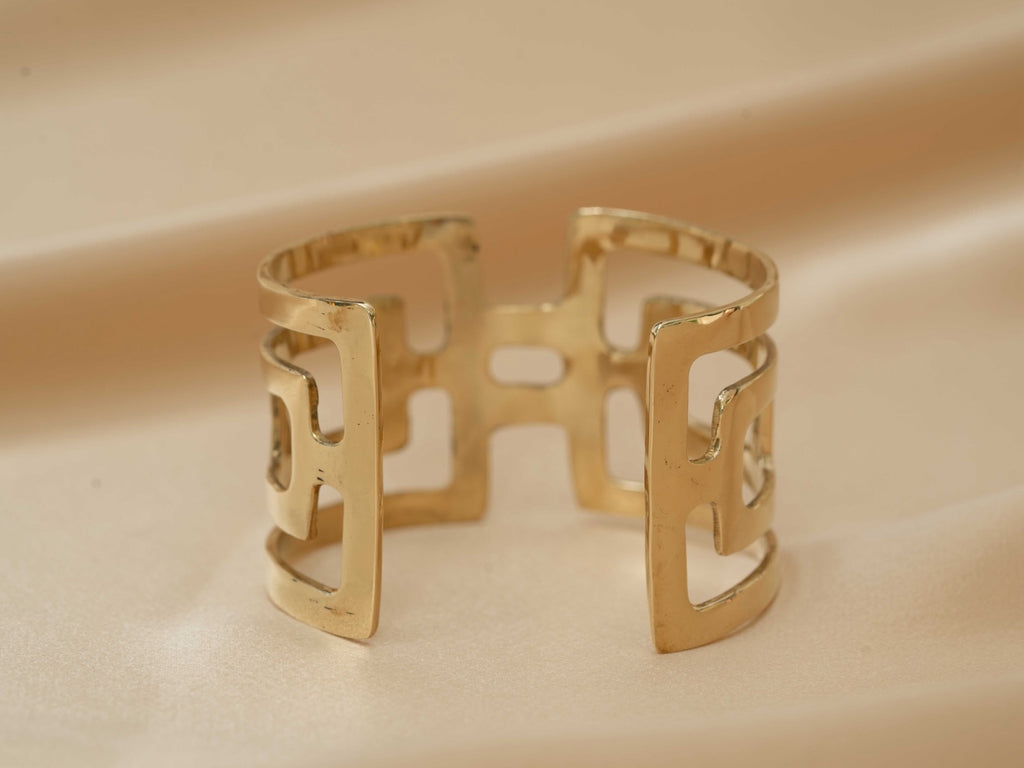 Gaia goddess geometric cuff handmade brass bracelet in gold — Land of Sundara