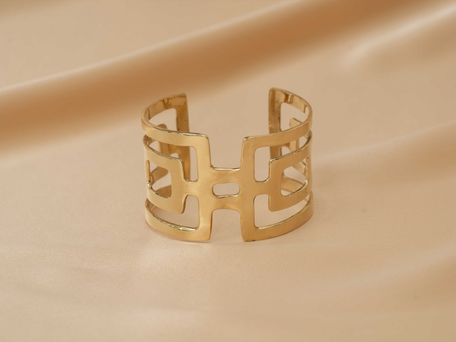 Gaia goddess geometric cuff handmade brass bracelet in gold — Land of Sundara