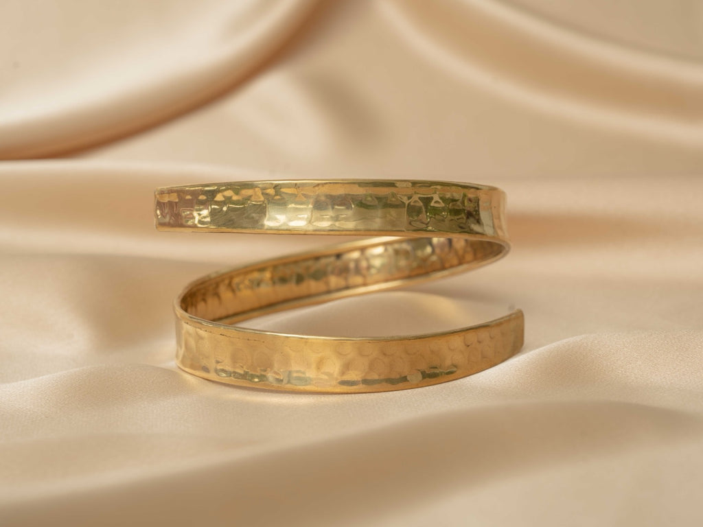 Siren Spiral Cuff handmade brass arm cuff in gold — Land of Sundara