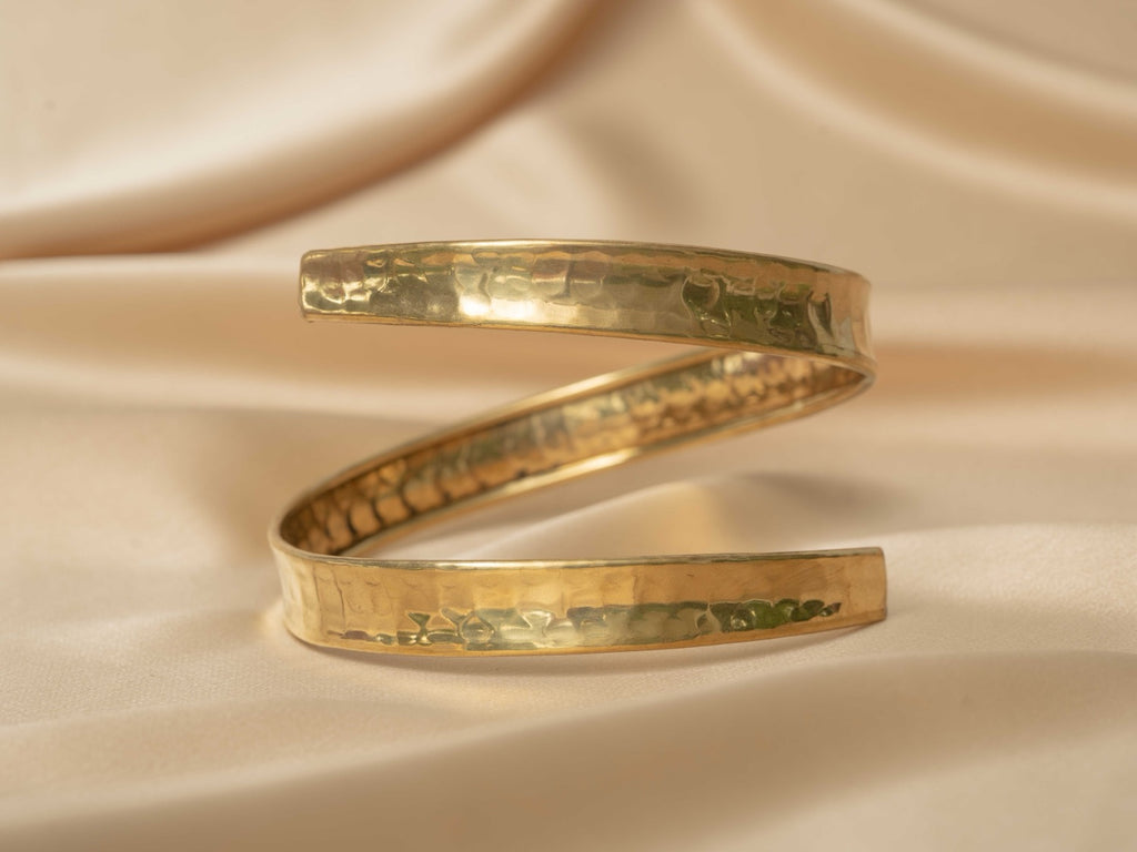 Siren Spiral Cuff handmade brass arm cuff in gold — Land of Sundara