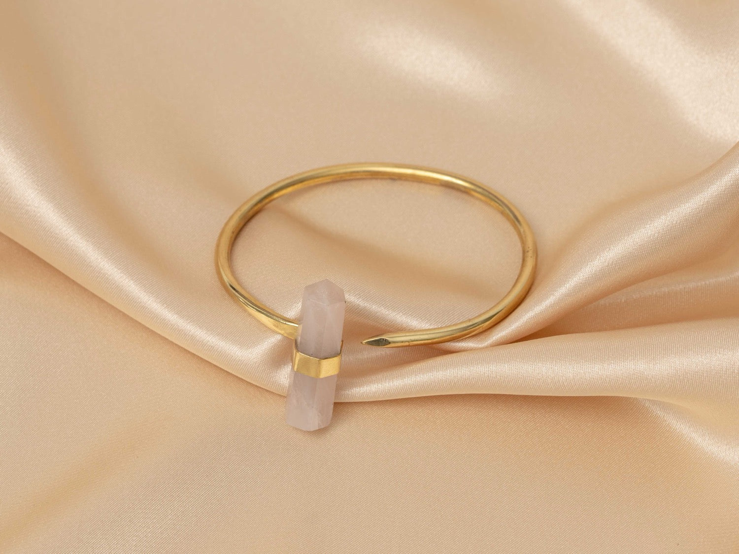 Lotus rose quartz handmade brass bracelet in gold — Land of Sundara