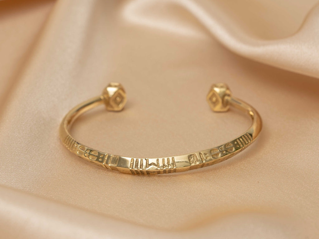 Sphinx engraved gold handmade brass bracelet in gold — Land of Sundara
