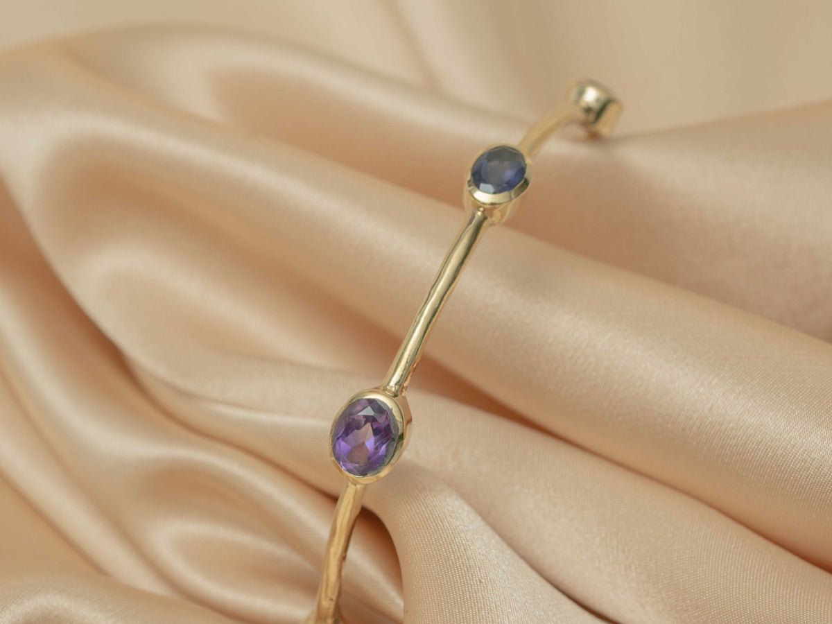 Aurelia Gem Bangle handmade brass bracelet with blue topaz / peridot / amethyst / iolite / carnelian / garnet