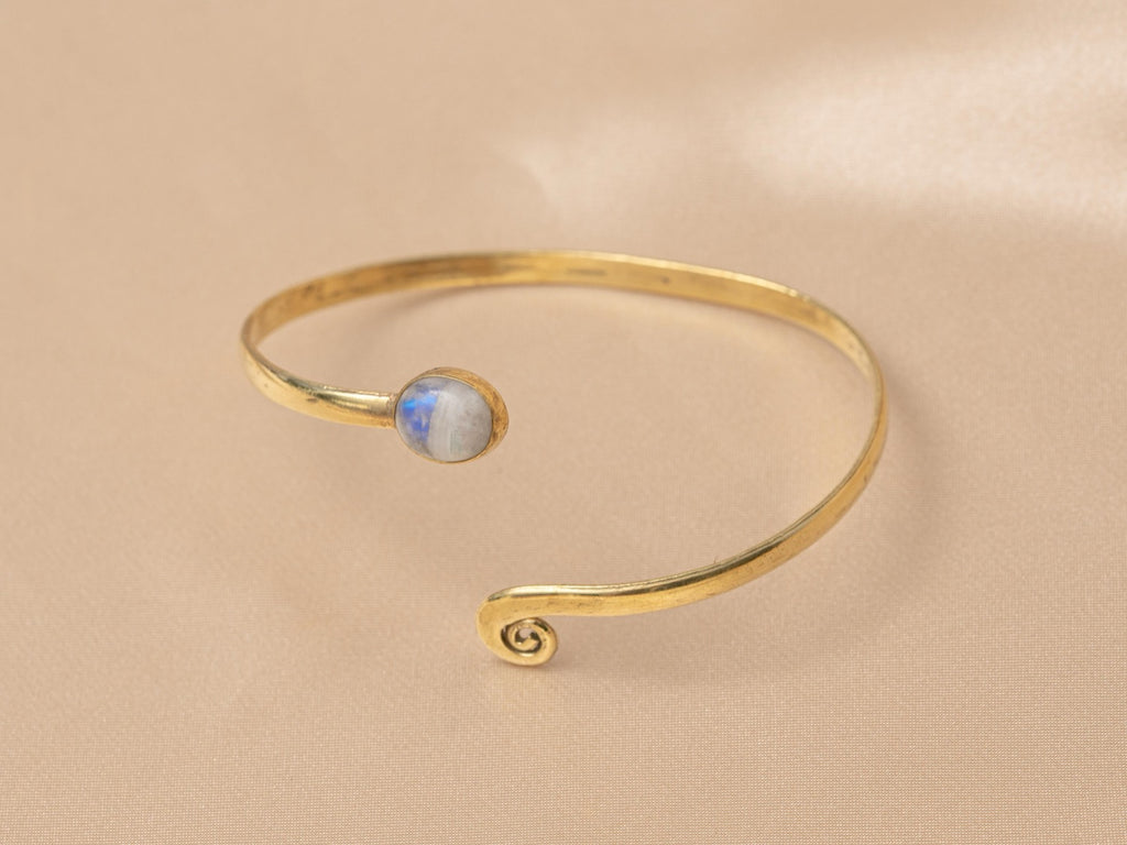 Amara opal handmade brass bracelet with rainbow moonstone stone — Land of Sundara