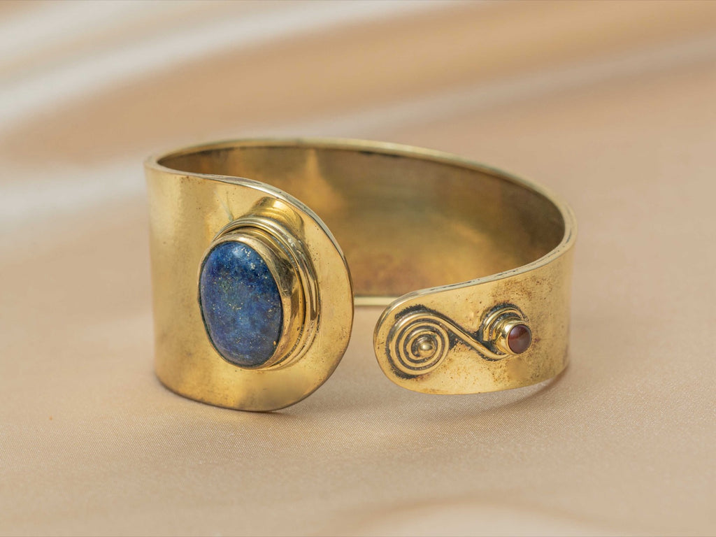Cleo handmade brass bracelet with lapis lazuli & carnelian stone — Land of Sundara