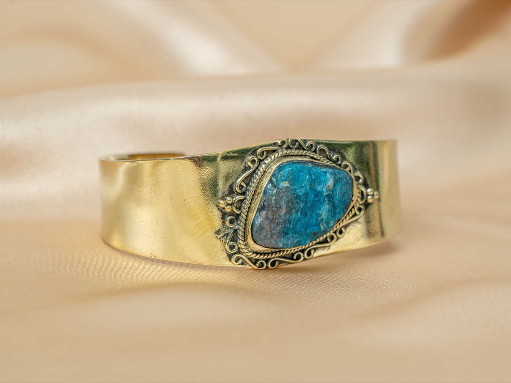 Astra handmade brass bracelet with blue apatite stone — Land of Sundara