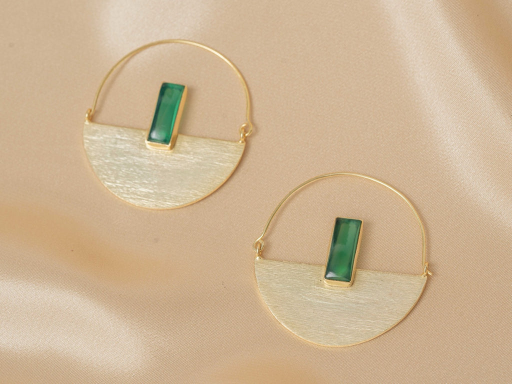 Prism Drop handmade brass earring with green chalcedony stone — Land of Sundara
