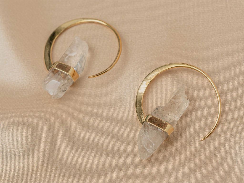 Illumina Hoop handmade brass earring with clear quartz stone — Land of Sundara
