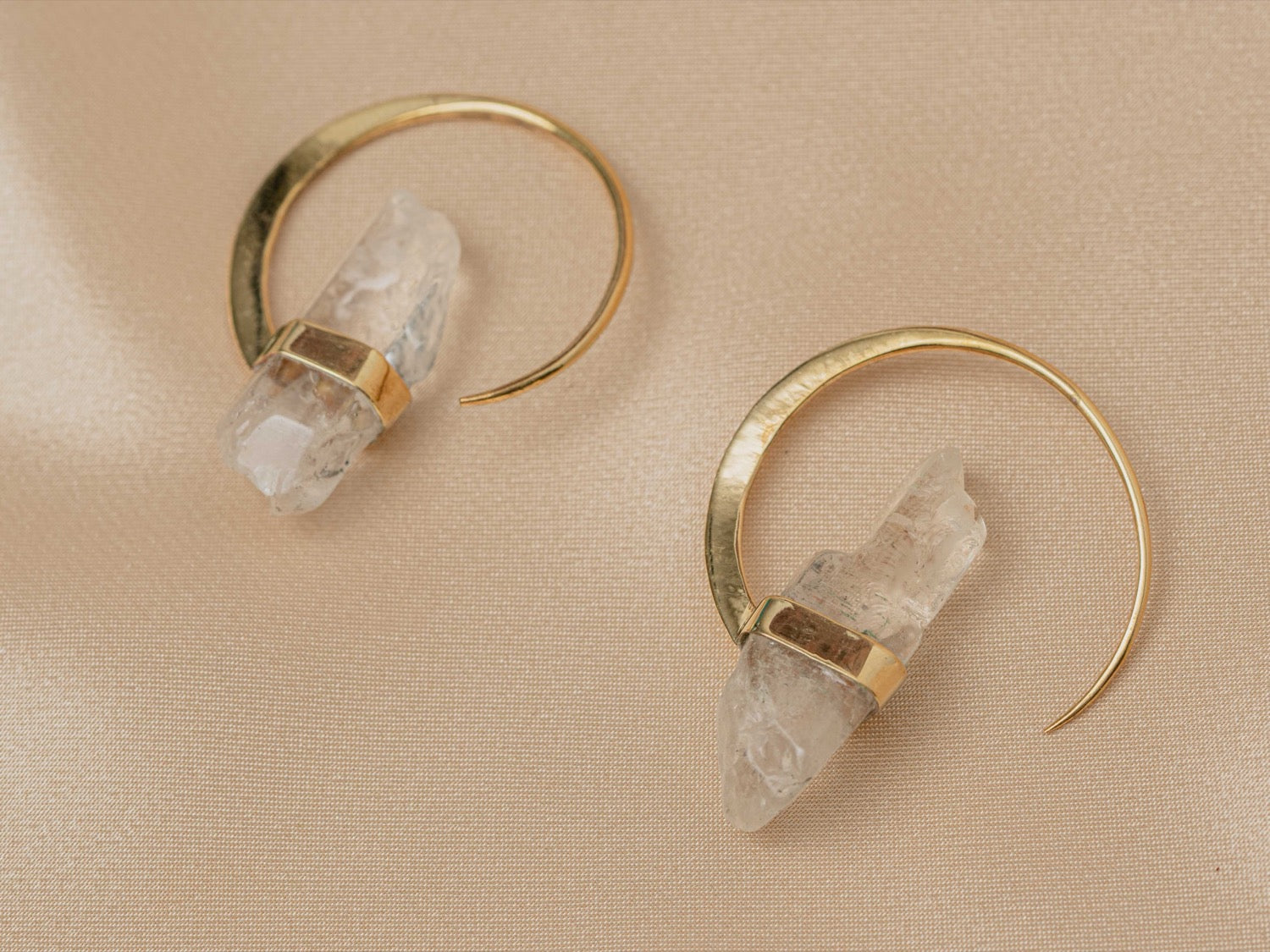 Illumina Hoop handmade brass earring with clear quartz stone — Land of Sundara