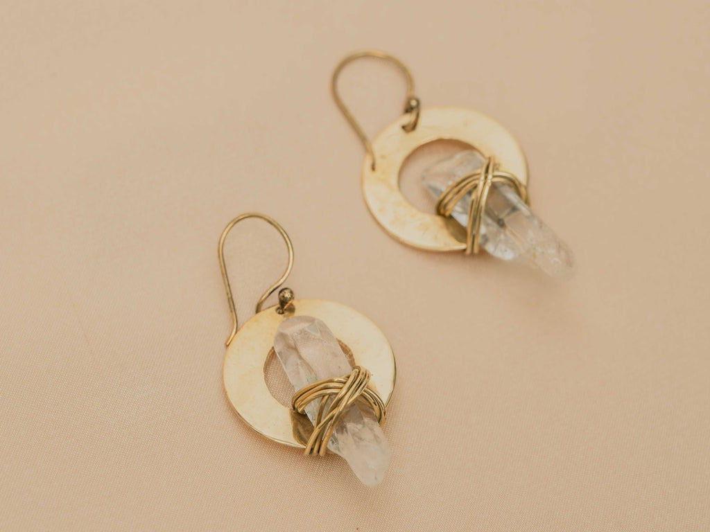 Cocoon Quartz handmade brass earring with clear quartz stone — Land of Sundara