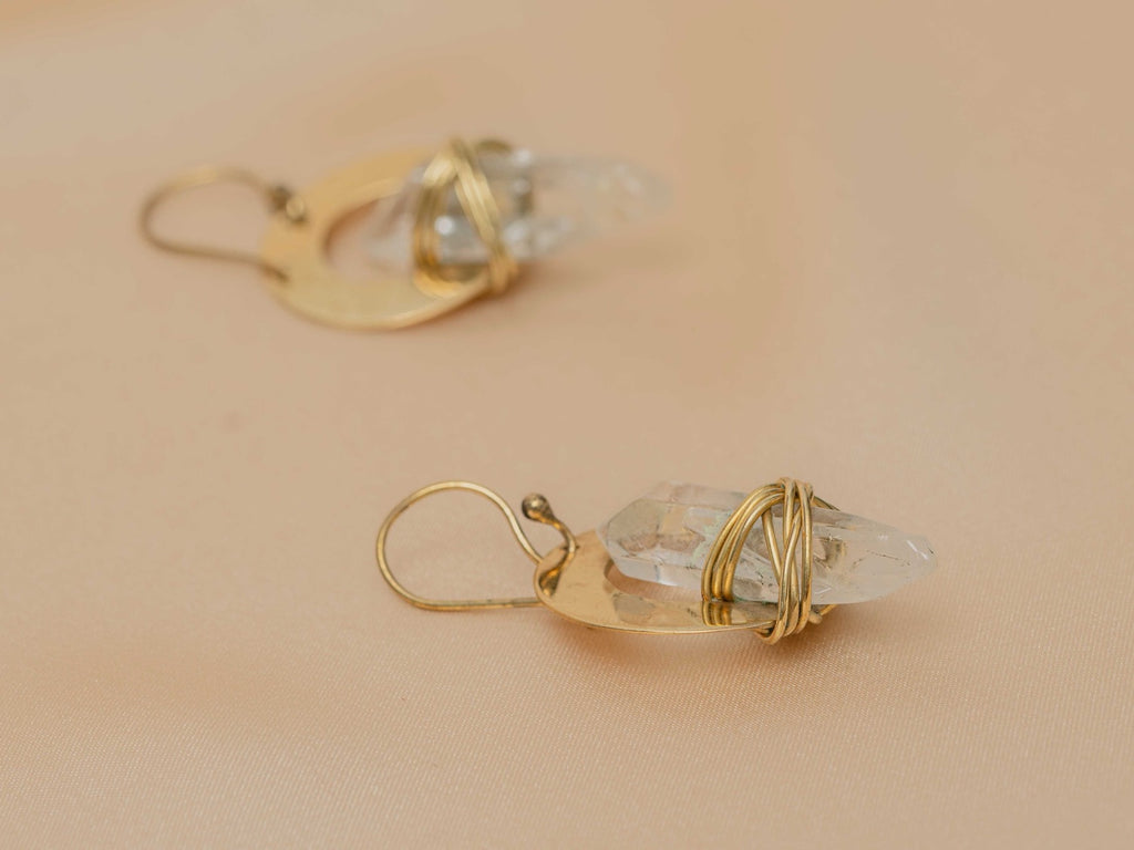 Cocoon Quartz handmade brass earring with clear quartz stone — Land of Sundara