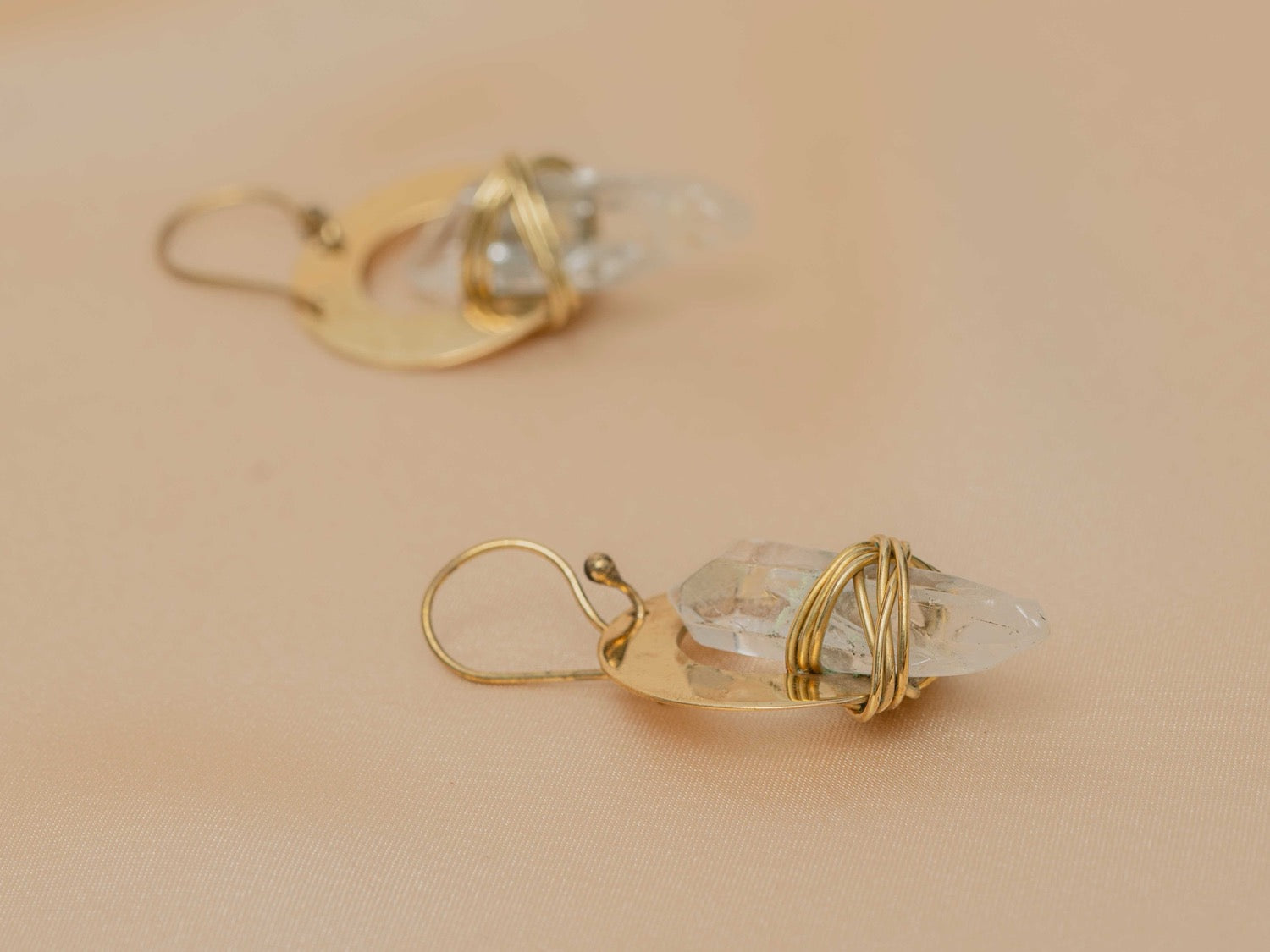 Cocoon Quartz handmade brass earring with clear quartz stone — Land of Sundara