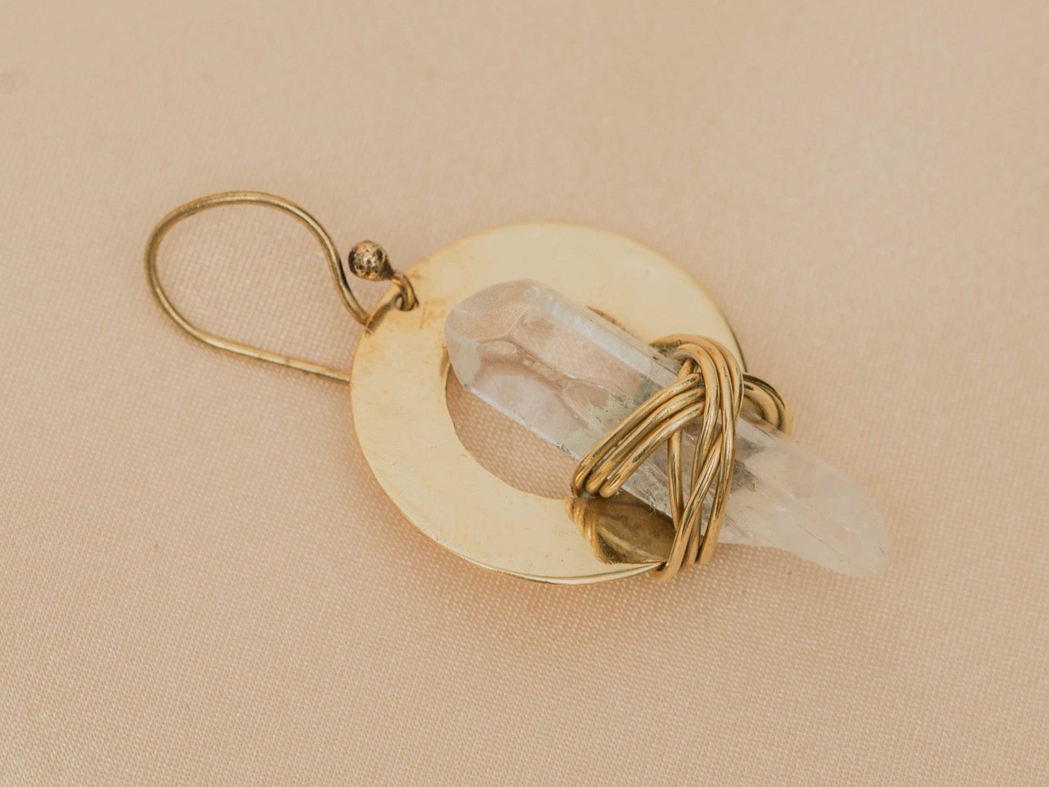 Cocoon Quartz handmade brass earring with clear quartz stone — Land of Sundara