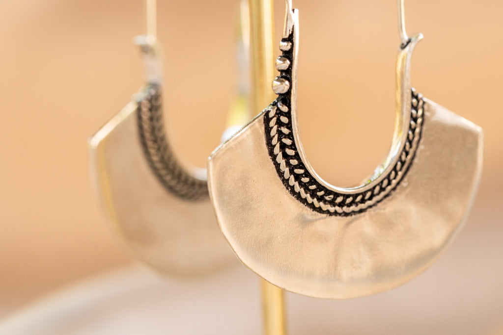 Crescent Drop handmade silver plated earring in silver — Land of Sundara