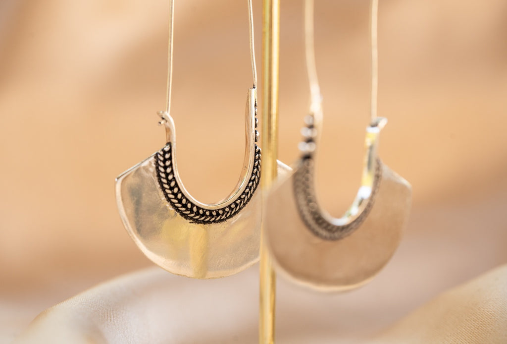 Crescent Drop handmade silver plated earring in silver — Land of Sundara