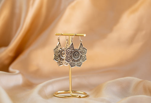 Mandala Bloom handmade silver plated earring in silver — Land of Sundara