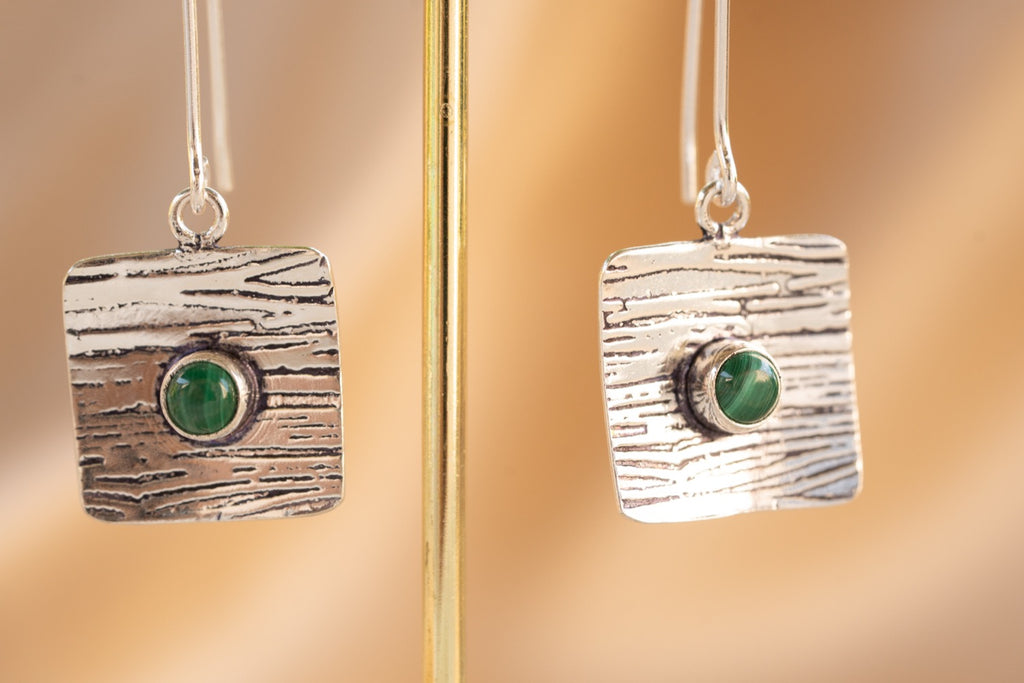 Talisman handmade silver plated earring with malachite stone — Land of Sundara