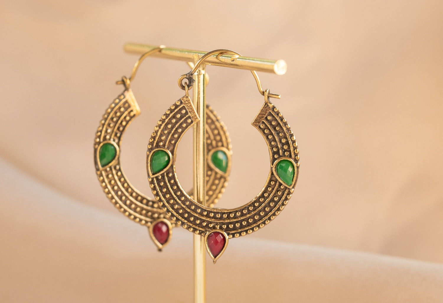 Trinity Gem handmade brass earring with blue chalcedony & ruby stone — Land of Sundara