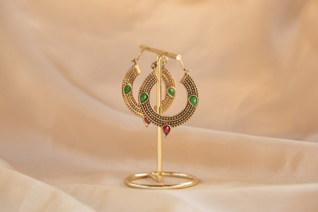 Trinity Gem handmade brass earring with blue chalcedony & ruby stone — Land of Sundara