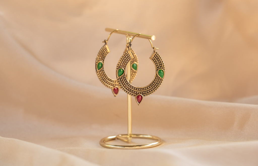 Trinity Gem handmade brass earring with blue chalcedony & ruby stone — Land of Sundara