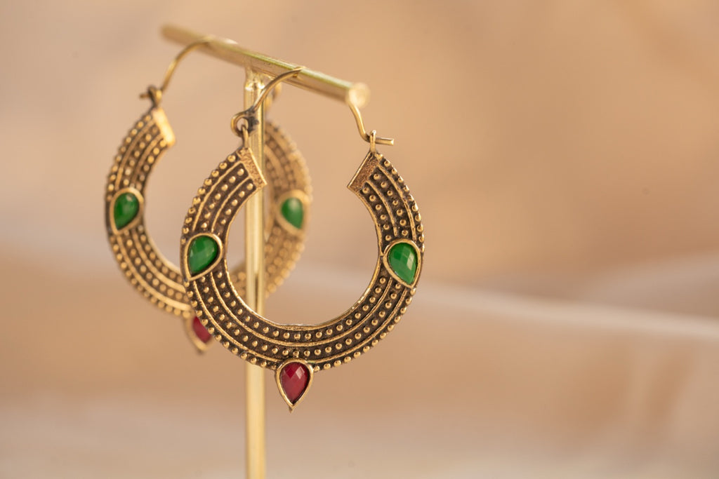 Trinity Gem handmade brass earring with blue chalcedony & ruby stone — Land of Sundara