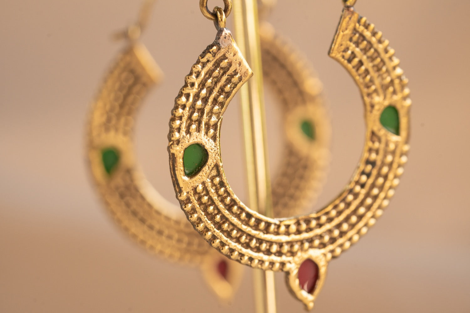 Trinity Gem handmade brass earring with blue chalcedony & ruby stone — Land of Sundara
