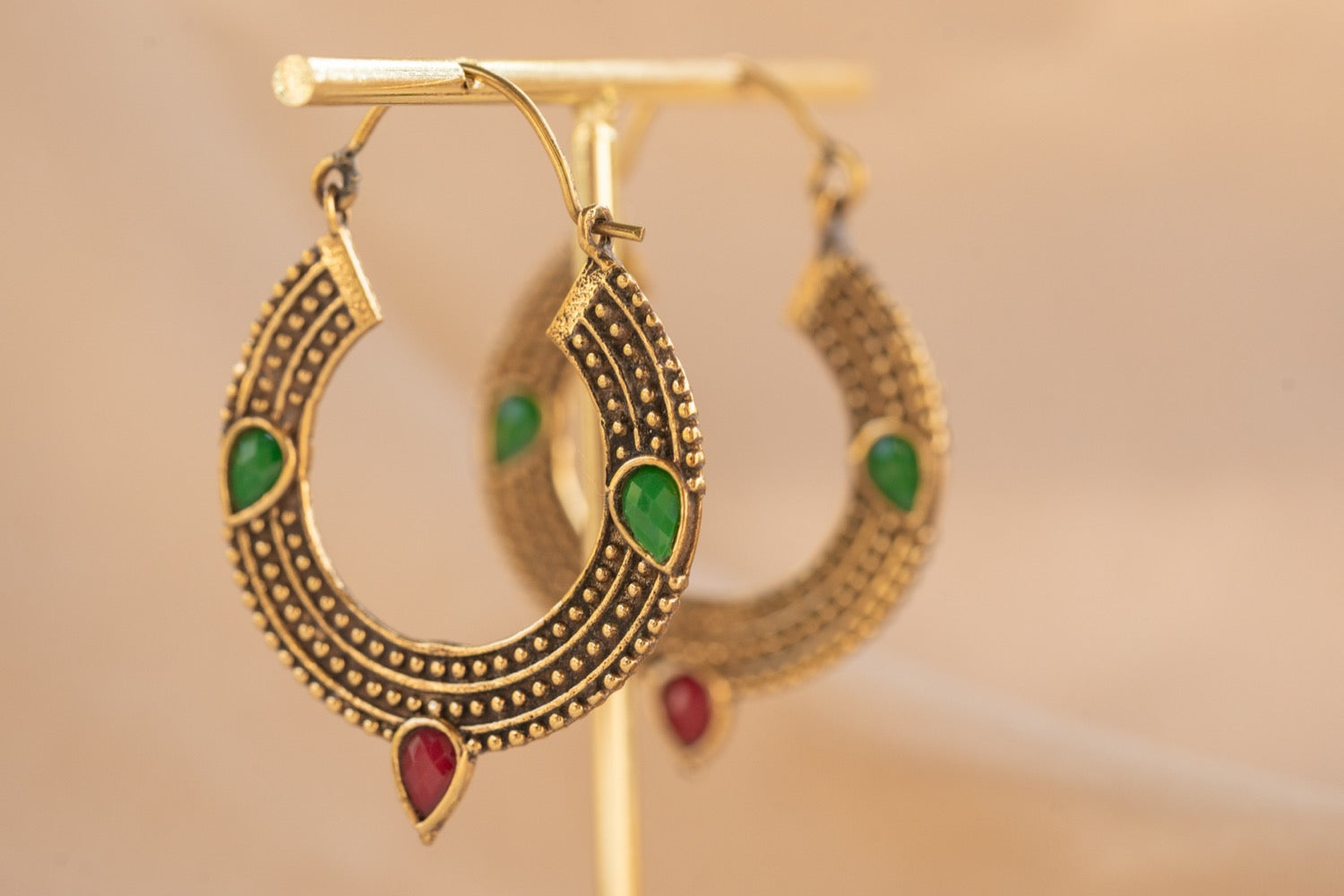 Trinity Gem handmade brass earring with blue chalcedony & ruby stone — Land of Sundara