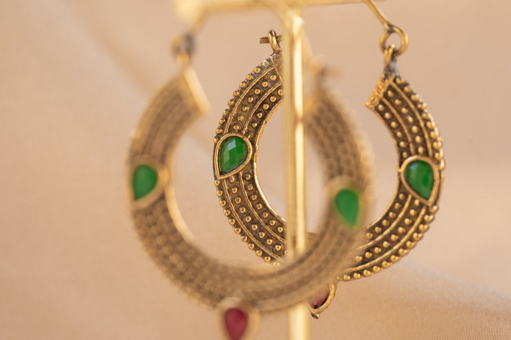 Trinity Gem handmade brass earring with blue chalcedony & ruby stone — Land of Sundara
