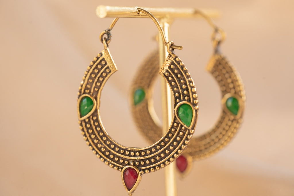 Trinity Gem handmade brass earring with blue chalcedony & ruby stone — Land of Sundara