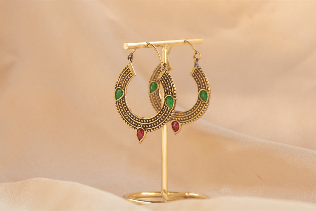 Trinity Gem handmade brass earring with blue chalcedony & ruby stone — Land of Sundara