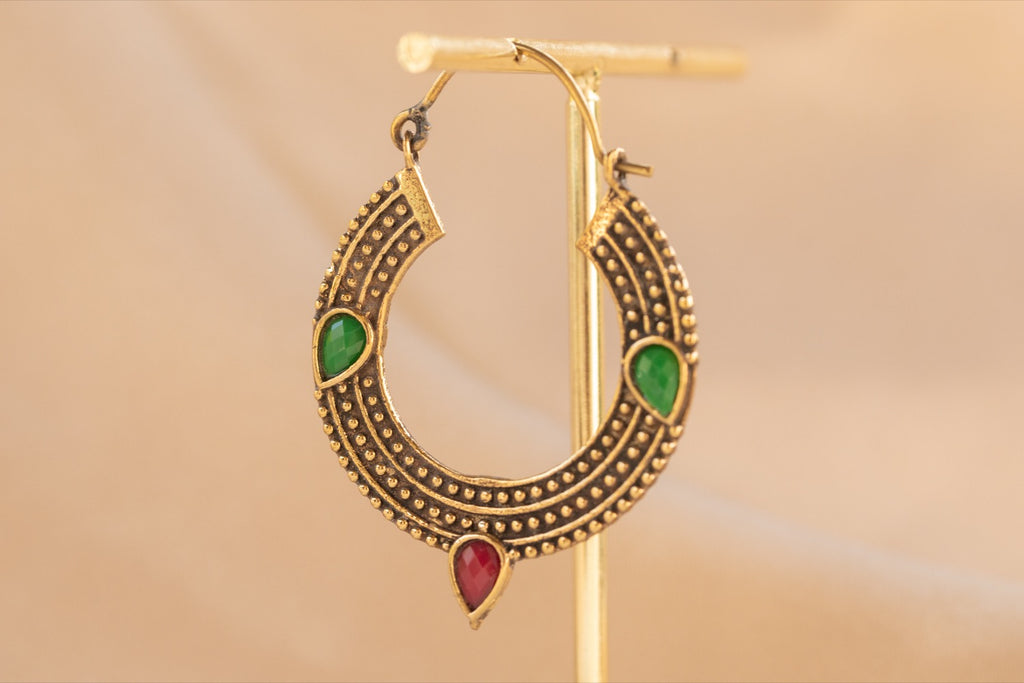 Trinity Gem handmade brass earring with blue chalcedony & ruby stone — Land of Sundara