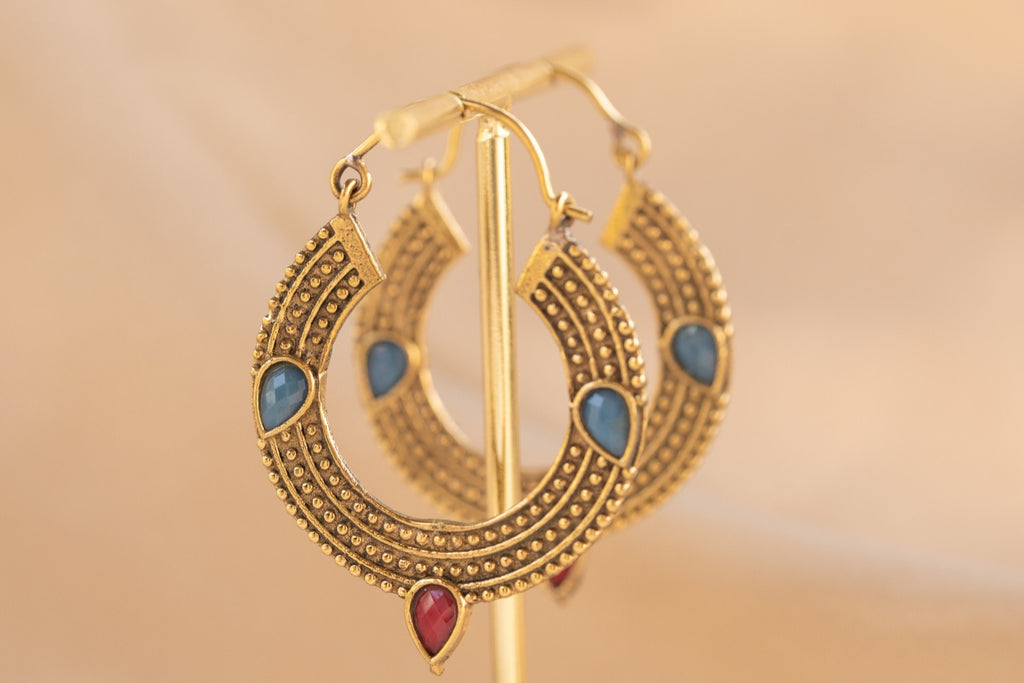 Trinity Gem handmade brass earring with blue chalcedony & ruby stone — Land of Sundara