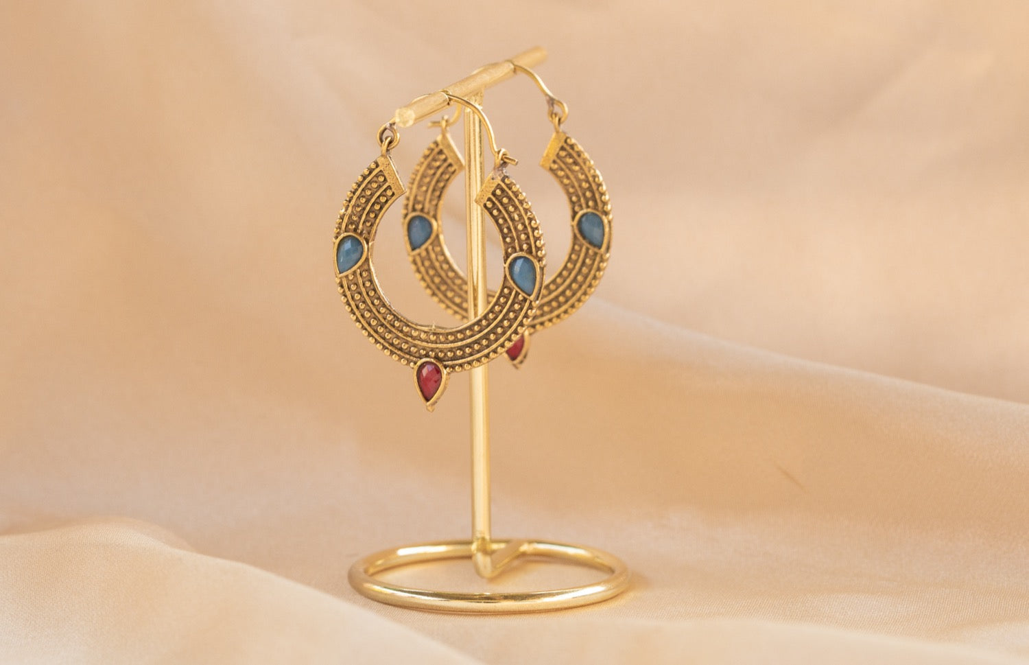 Trinity Gem handmade brass earring with blue chalcedony & ruby stone — Land of Sundara