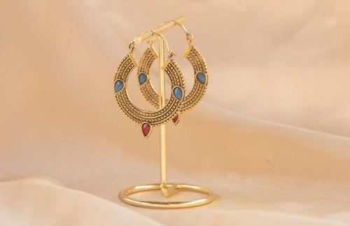 Trinity Gem handmade brass earring with blue chalcedony & ruby stone — Land of Sundara