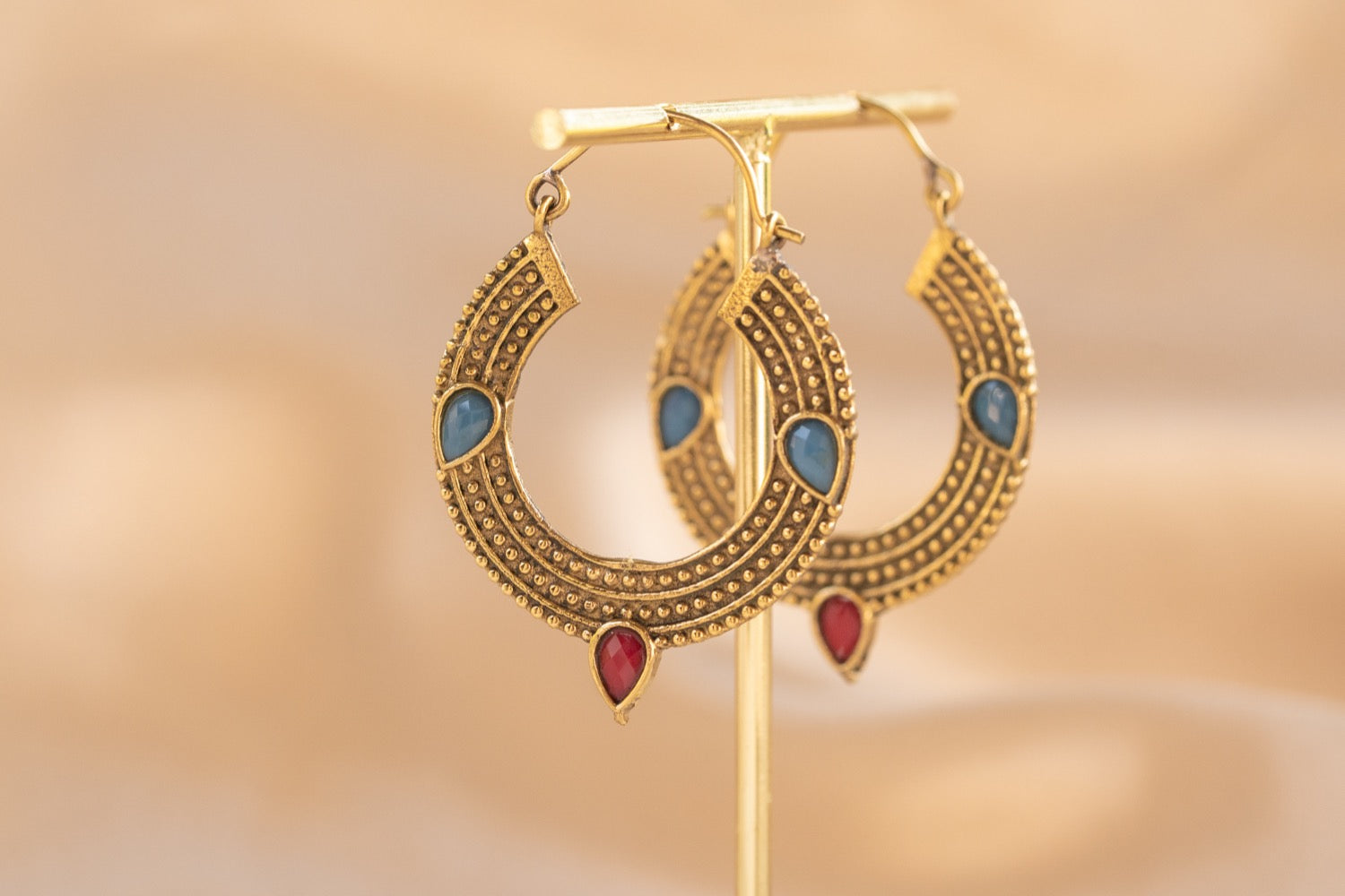 Trinity Gem handmade brass earring with blue chalcedony & ruby stone — Land of Sundara