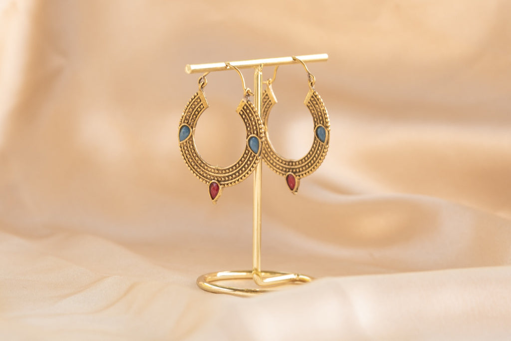 Trinity Gem handmade brass earring with blue chalcedony & ruby stone — Land of Sundara