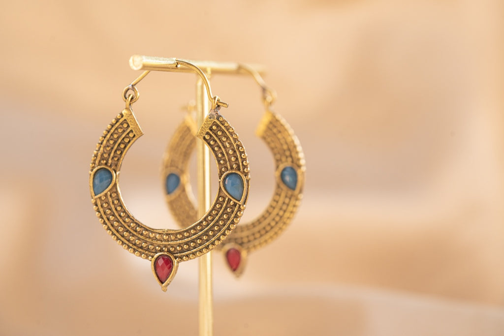Trinity Gem handmade brass earring with blue chalcedony & ruby stone — Land of Sundara