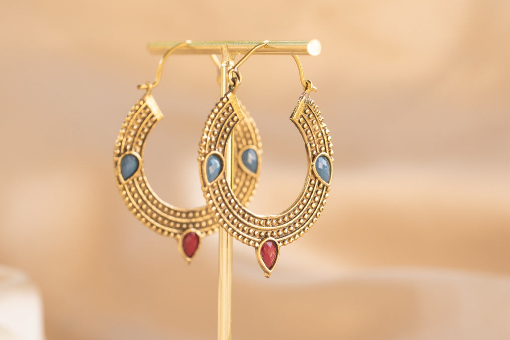 Trinity Gem handmade brass earring with blue chalcedony & ruby stone — Land of Sundara