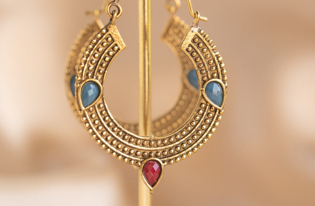 Trinity Gem handmade brass earring with blue chalcedony & ruby stone — Land of Sundara