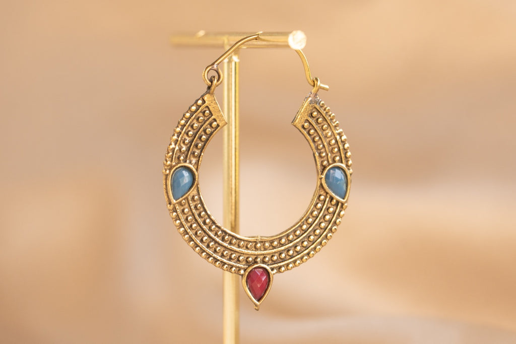 Trinity Gem handmade brass earring with blue chalcedony & ruby stone — Land of Sundara
