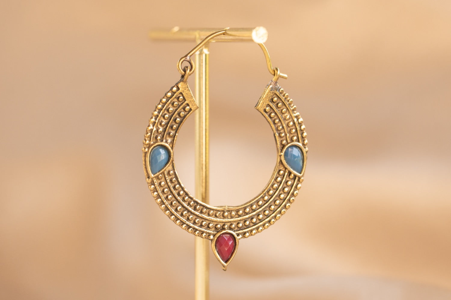 Trinity Gem handmade brass earring with blue chalcedony & ruby stone — Land of Sundara