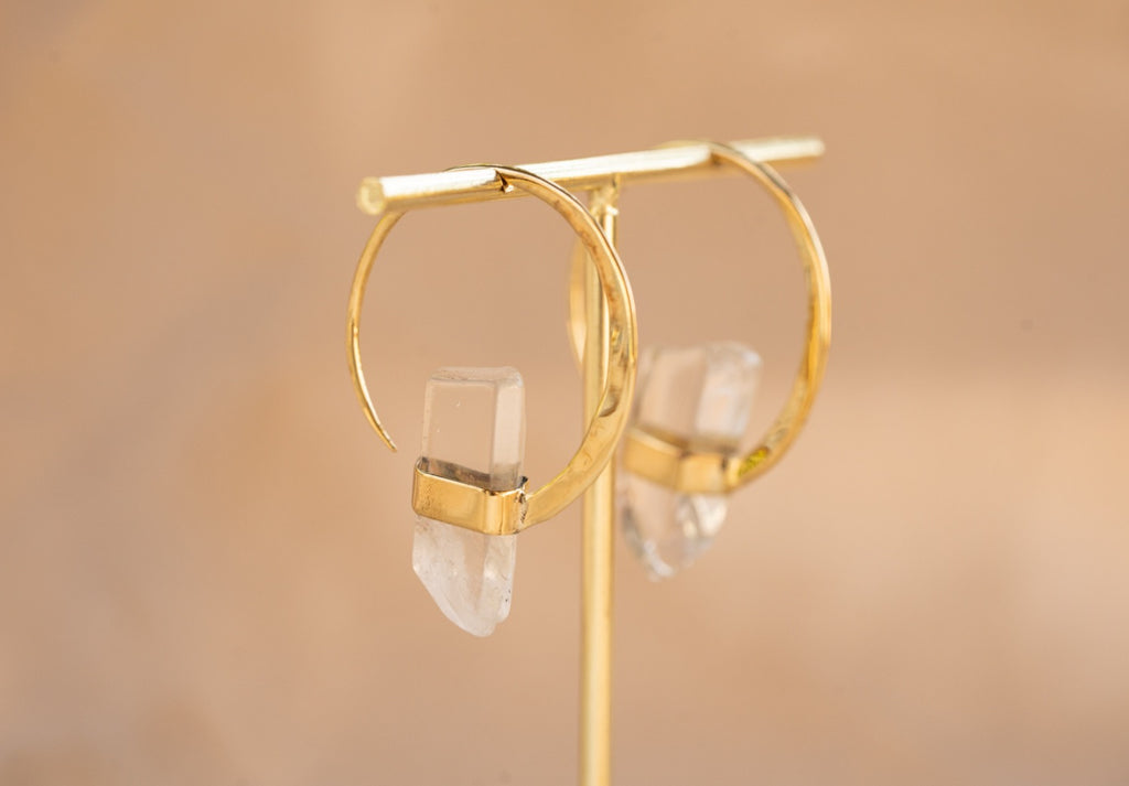 Illumina Hoop handmade brass earring with clear quartz stone — Land of Sundara