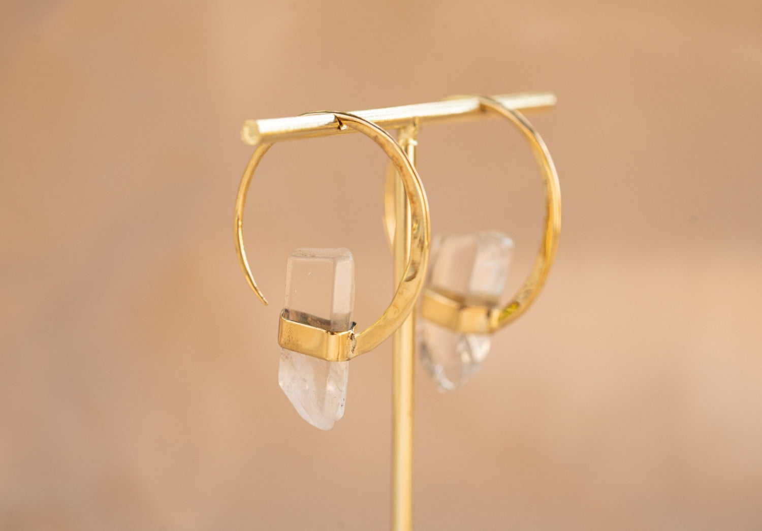 Illumina Hoop handmade brass earring with clear quartz stone — Land of Sundara