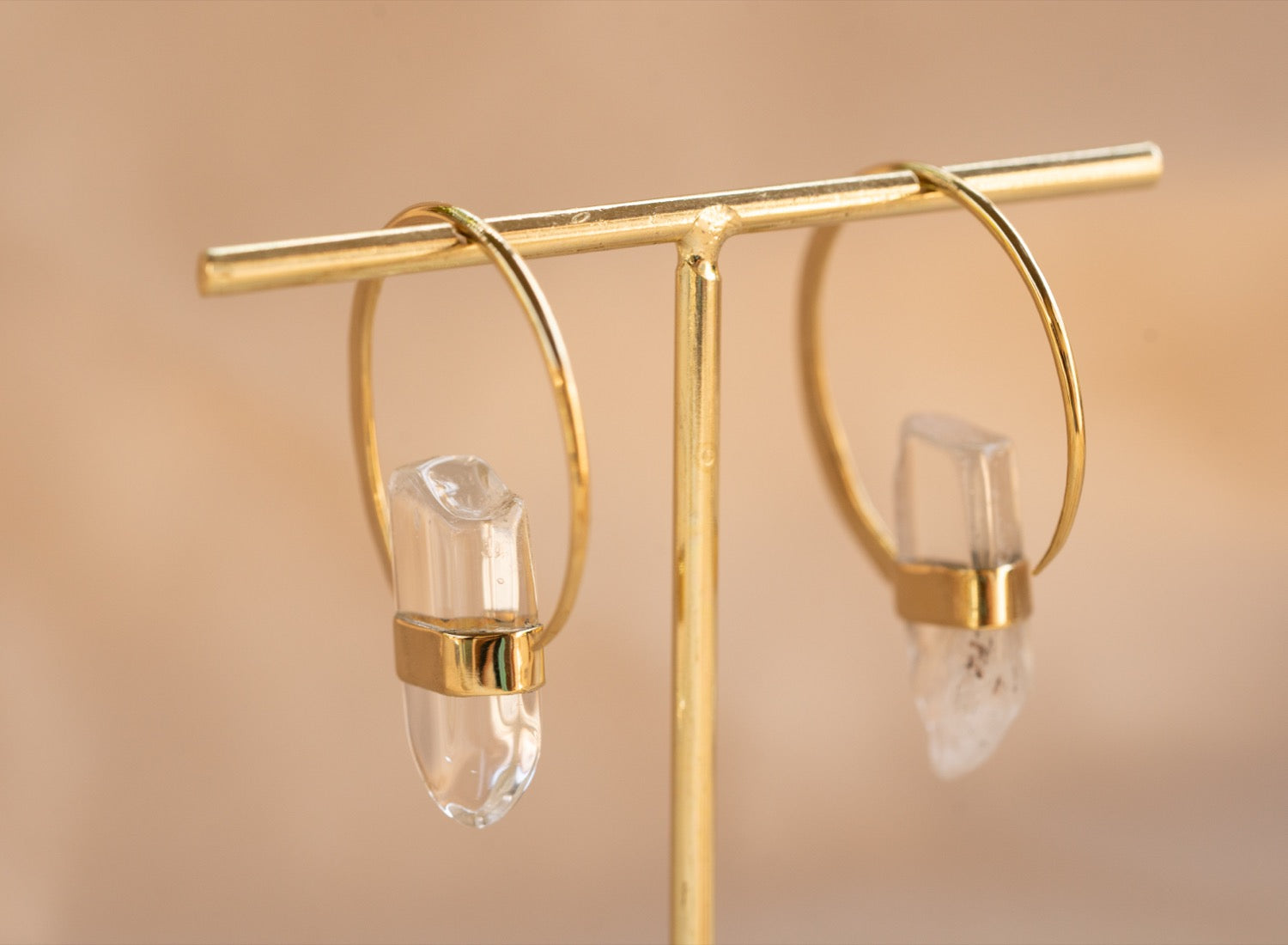 Illumina Hoop handmade brass earring with clear quartz stone — Land of Sundara