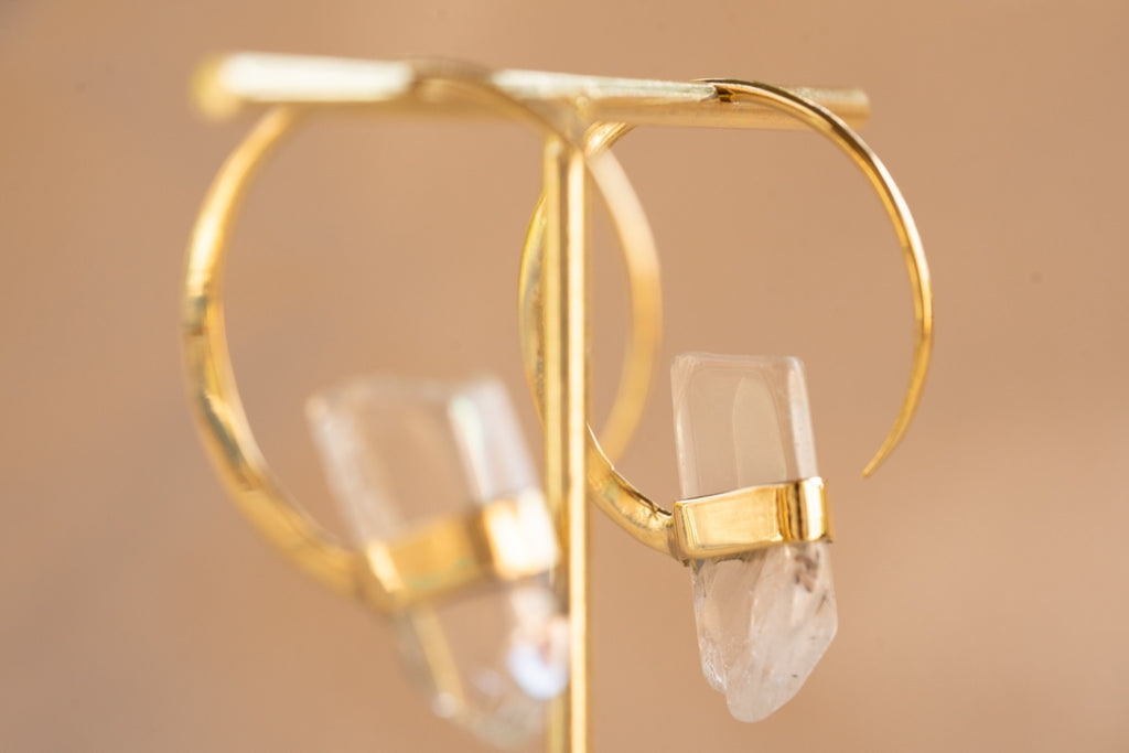 Illumina Hoop handmade brass earring with clear quartz stone — Land of Sundara