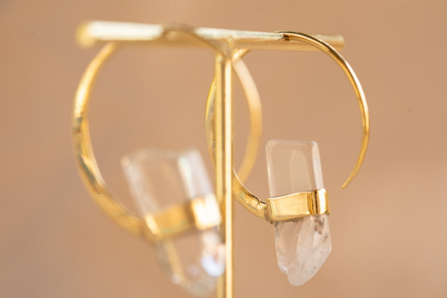 Illumina Hoop handmade brass earring with clear quartz stone — Land of Sundara