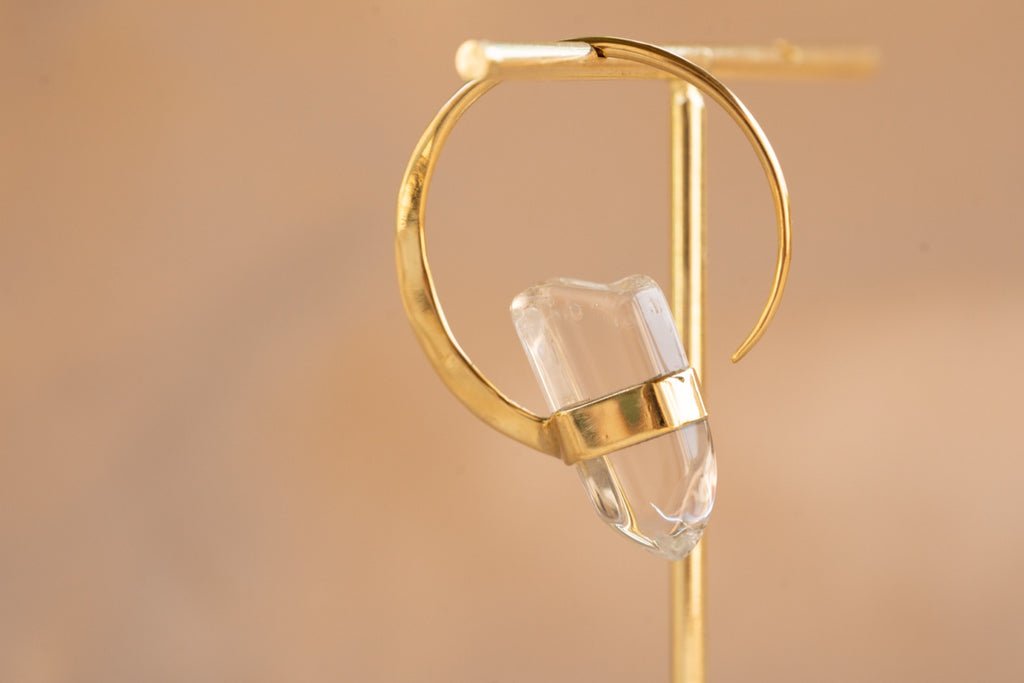 Illumina Hoop handmade brass earring with clear quartz stone — Land of Sundara
