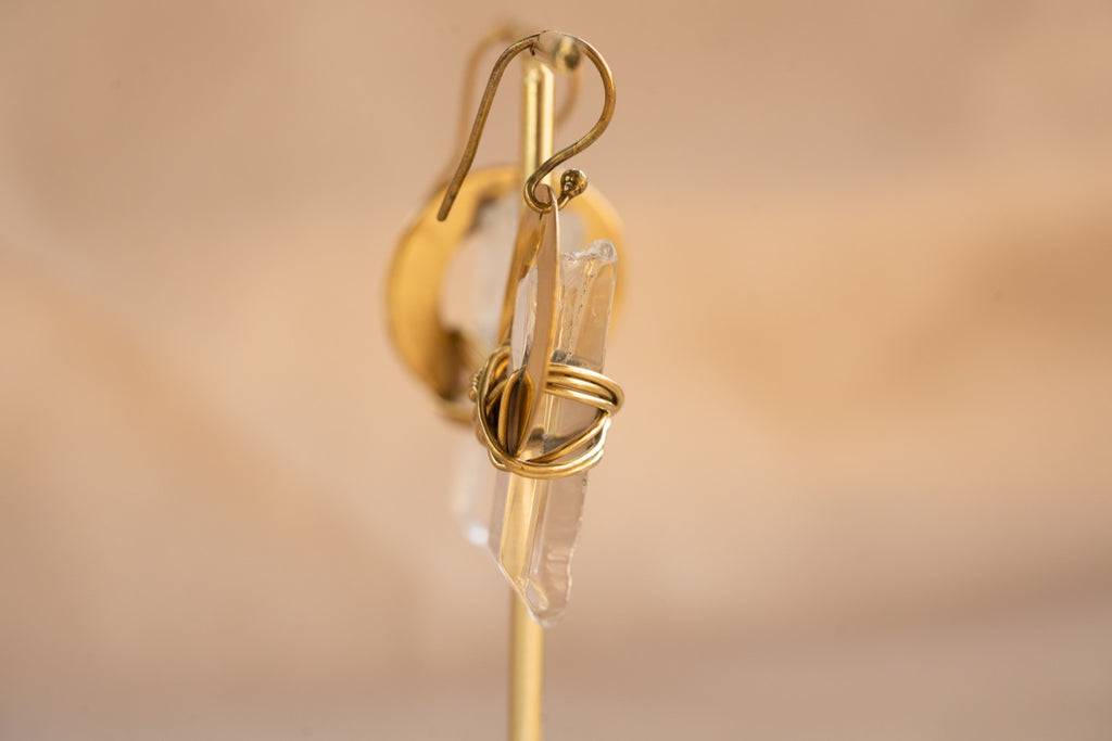 Cocoon Quartz handmade brass earring with clear quartz stone — Land of Sundara